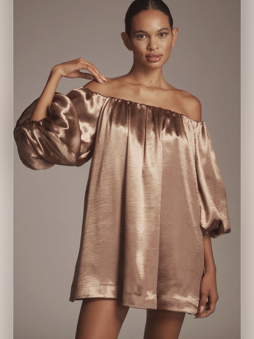 @heynasreen × Mare Mare Off-The-Shoulder Puff-Sleeve Shine Mini Dress